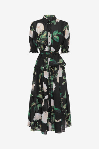 Exclusive LEO LIN Ellie Bishop Sleeve Midi Dress - White Rose Print