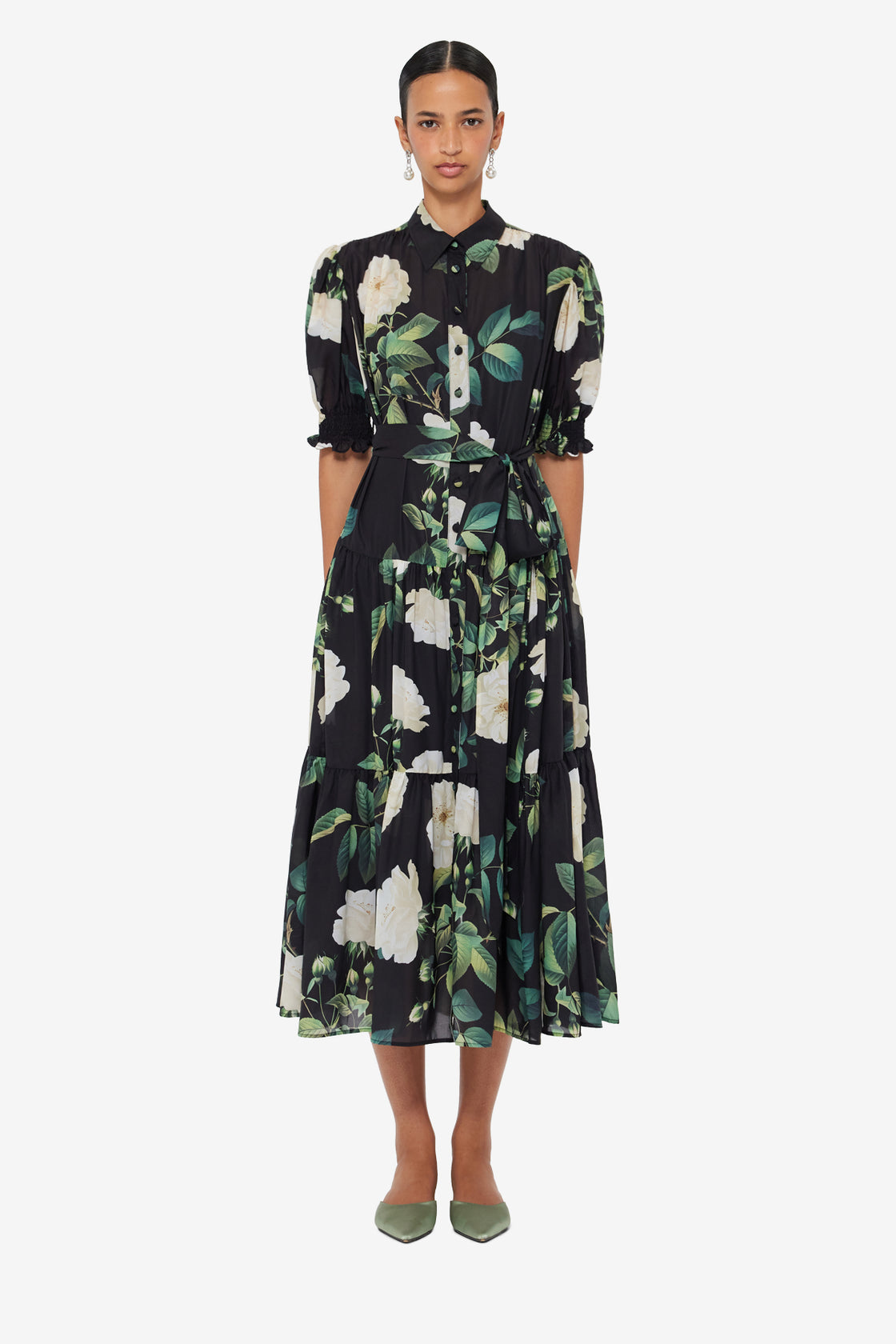 Ellie Bishop Sleeve Midi Dress - White Rose Print