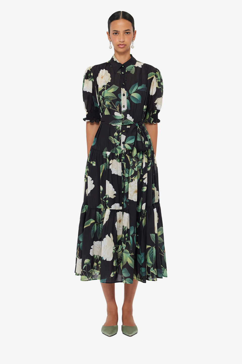Ellie Bishop Sleeve Midi Dress - White Rose Print
