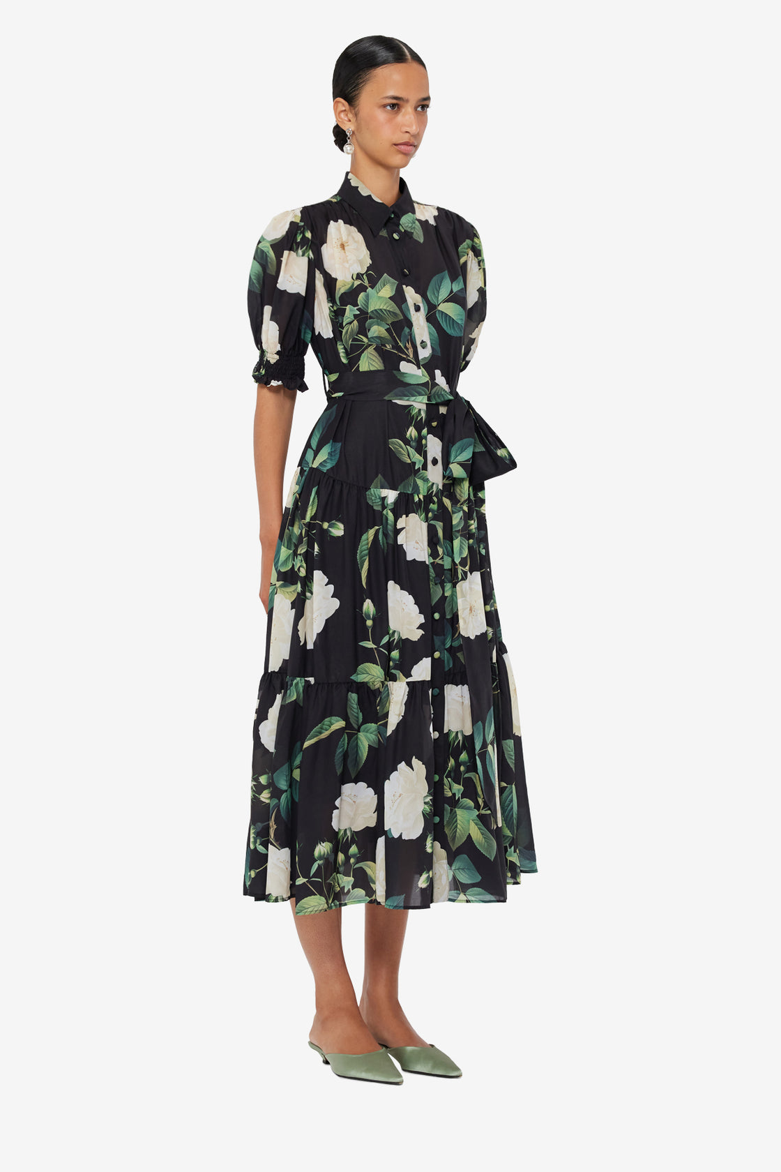 Ellie Bishop Sleeve Midi Dress - White Rose Print