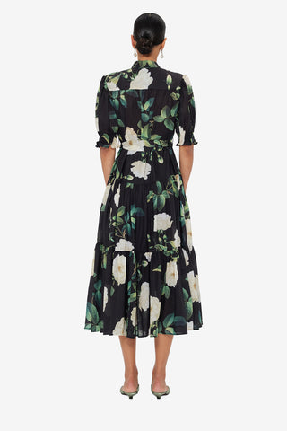 Ellie Bishop Sleeve Midi Dress - White Rose Print