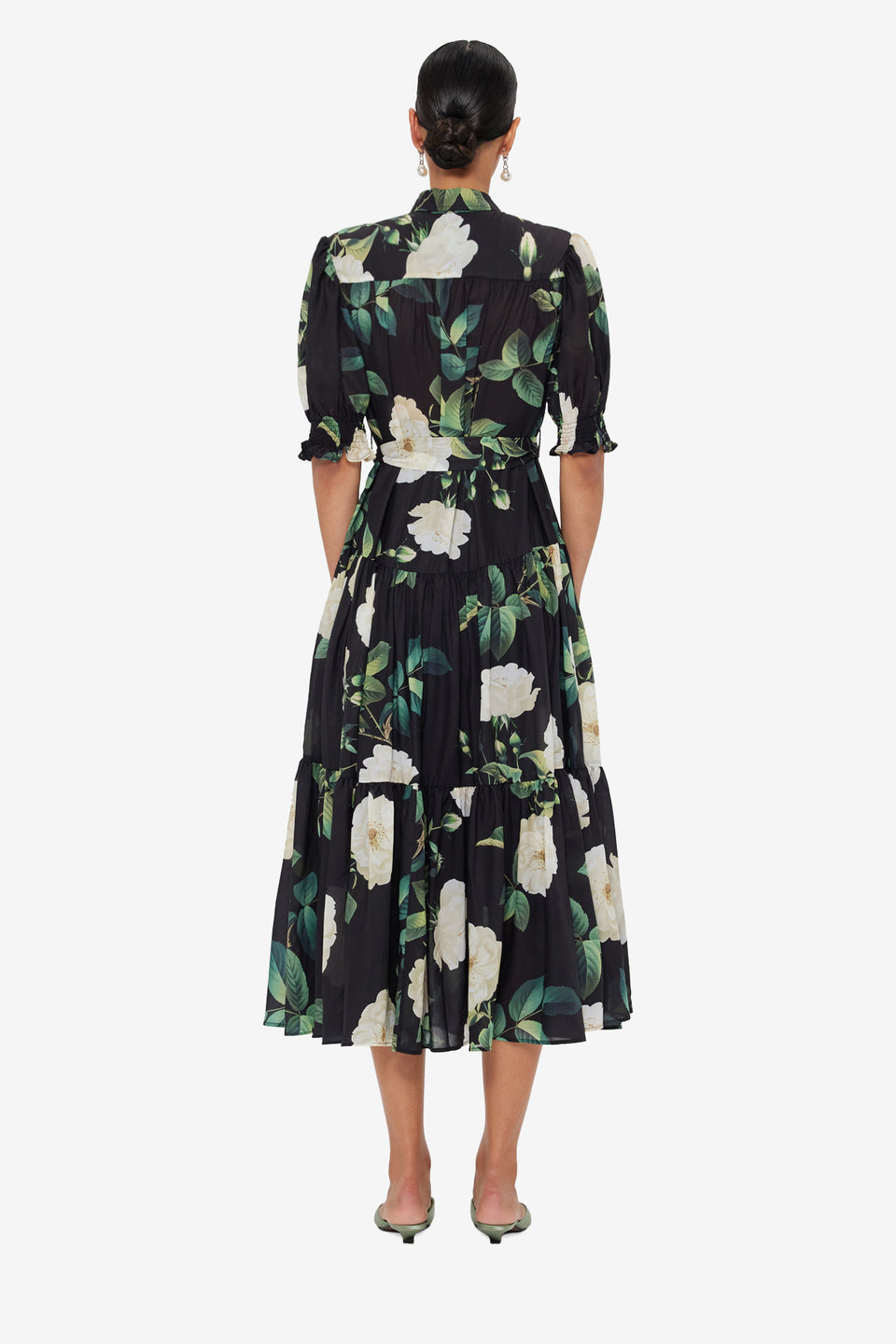 Ellie Bishop Sleeve Midi Dress - White Rose Print