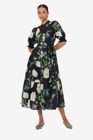 Ellie Bishop Sleeve Midi Dress - White Rose Print