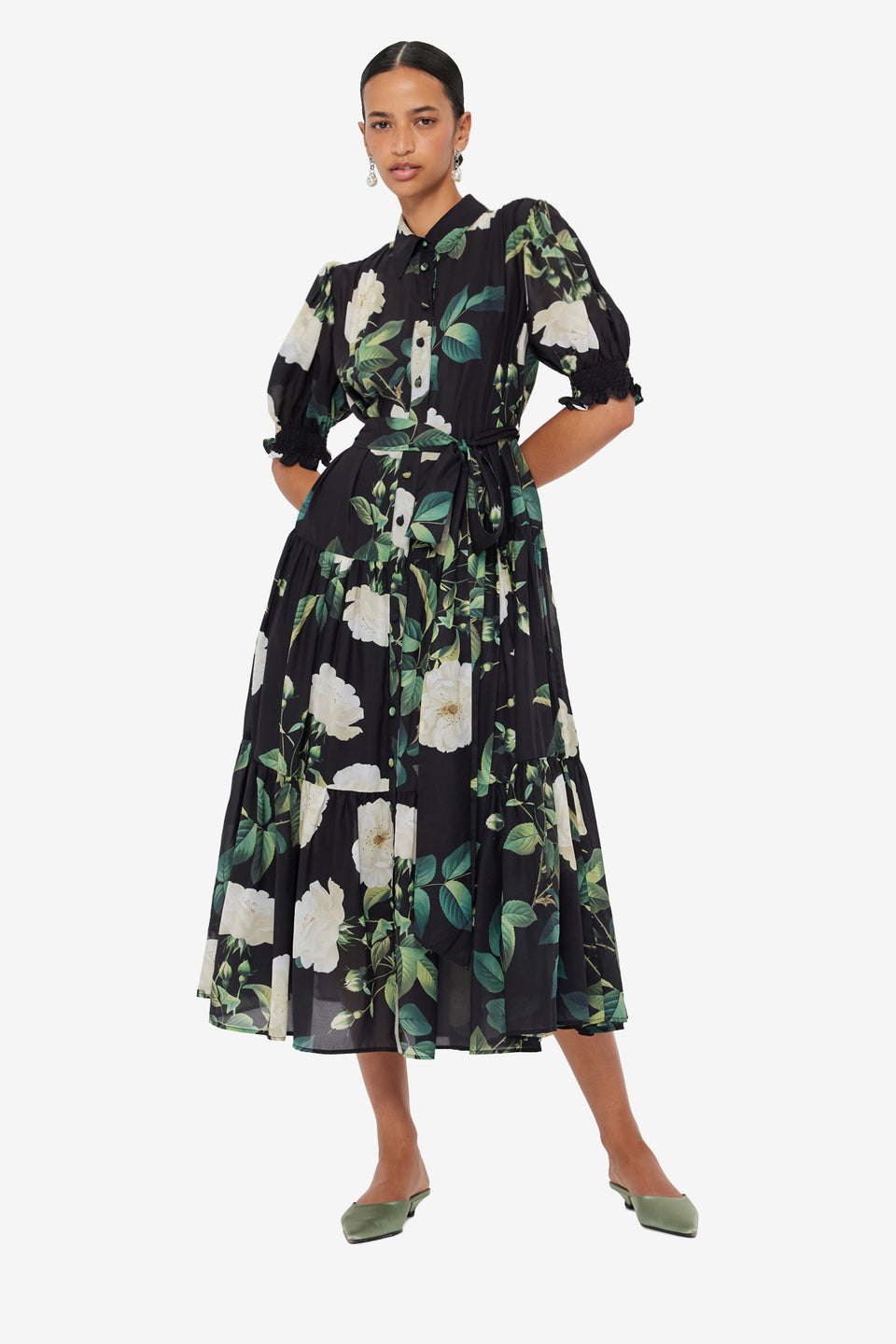 Ellie Bishop Sleeve Midi Dress - White Rose Print