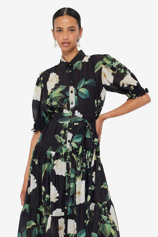 Ellie Bishop Sleeve Midi Dress - White Rose Print