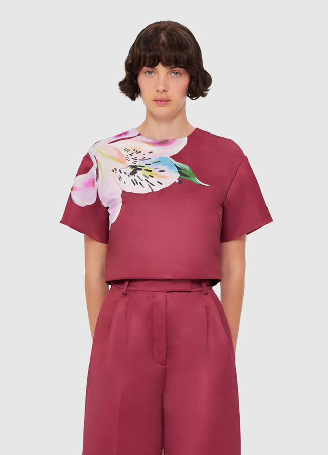 Exclusive LEO LIN Indie Sleeve Top - Lily Print in Burgundy