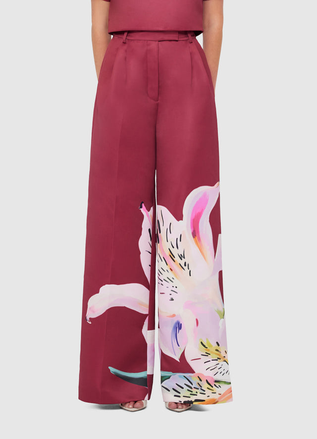 Exclusive LEO LIN Elisha Wide Leg Pants - Lily Print in Burgundy