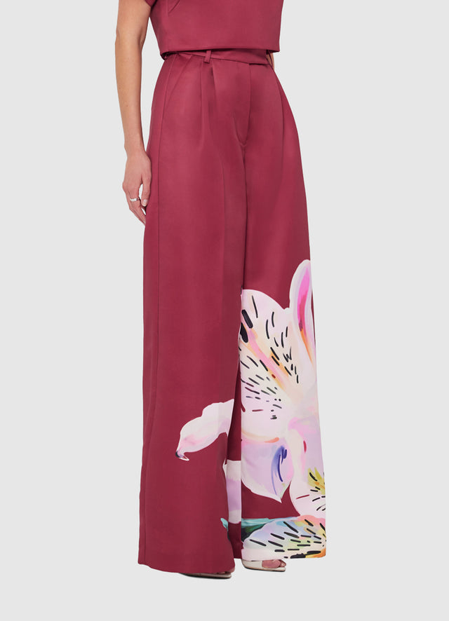 Exclusive LEO LIN Elisha Wide Leg Pants - Lily Print in Burgundy