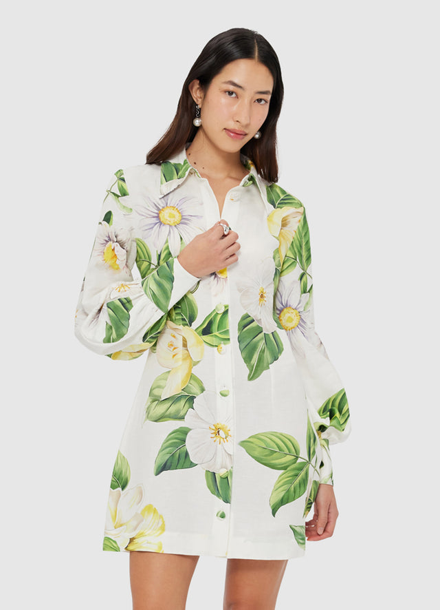Exclusive LEO LIN Luminous Linen Mini Dress - Joie Print in Snow