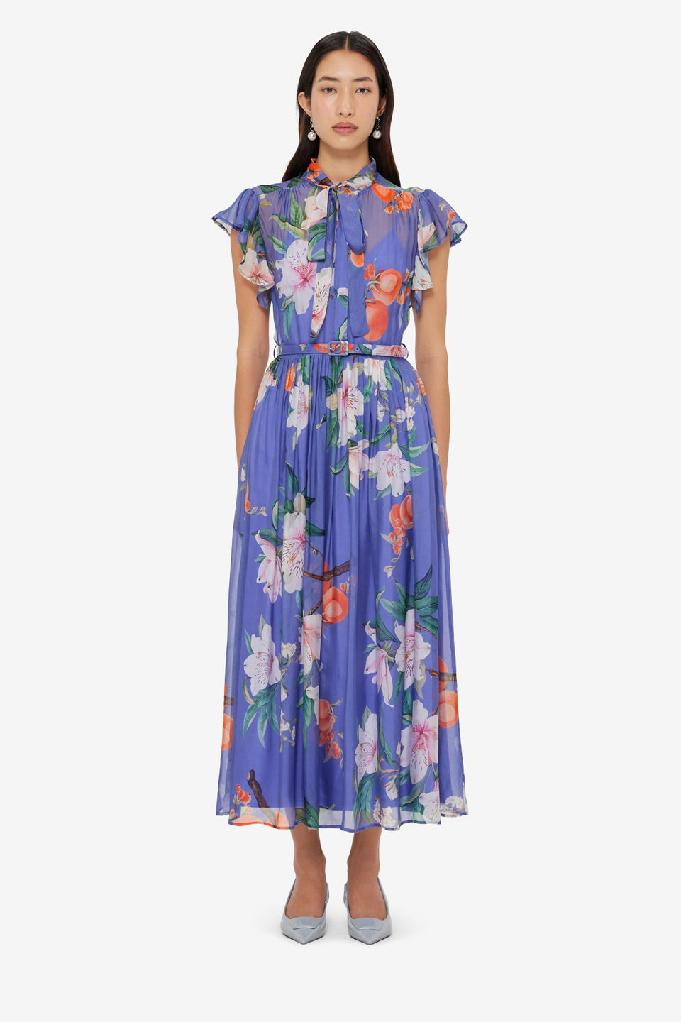 Grace Flutter Sleeve Midi Dress - Lavish Print in Moonlight