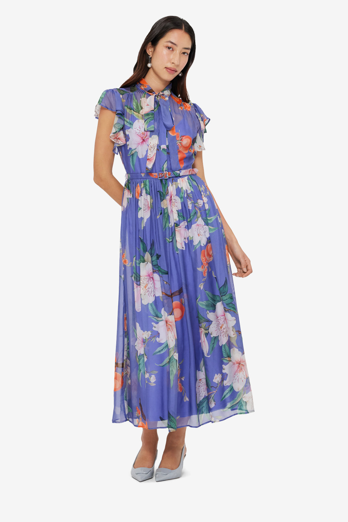 Grace Flutter Sleeve Midi Dress - Lavish Print in Moonlight