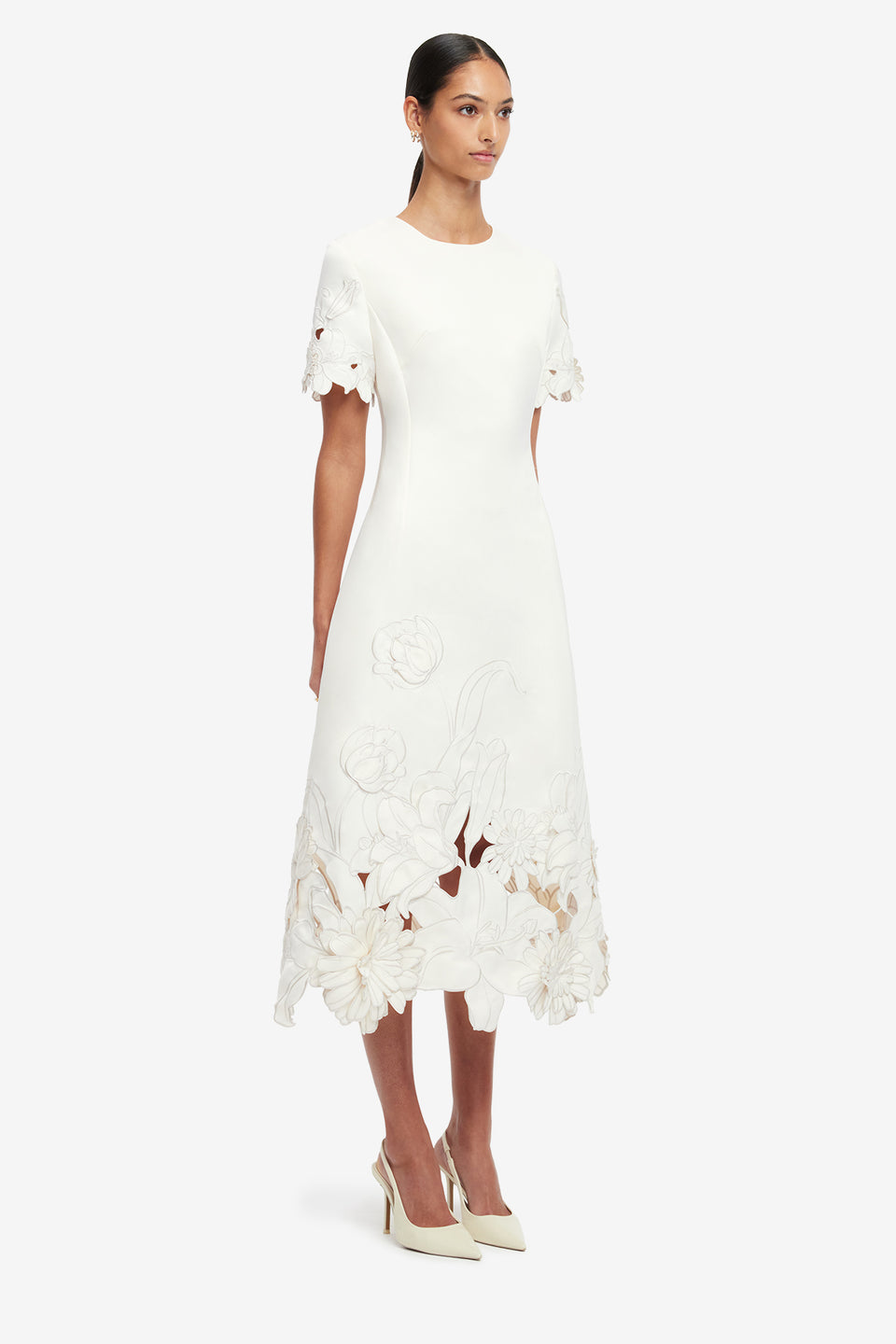 Caroline Applique Short Sleeve Midi Dress - Ivory