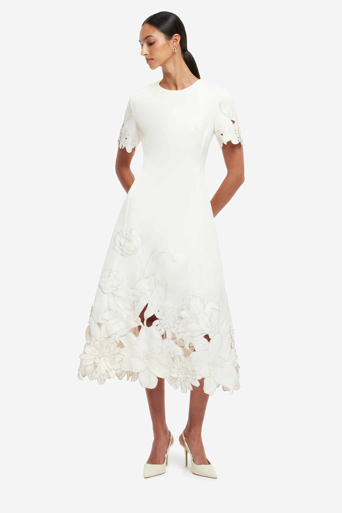 Caroline Applique Short Sleeve Midi Dress - Ivory