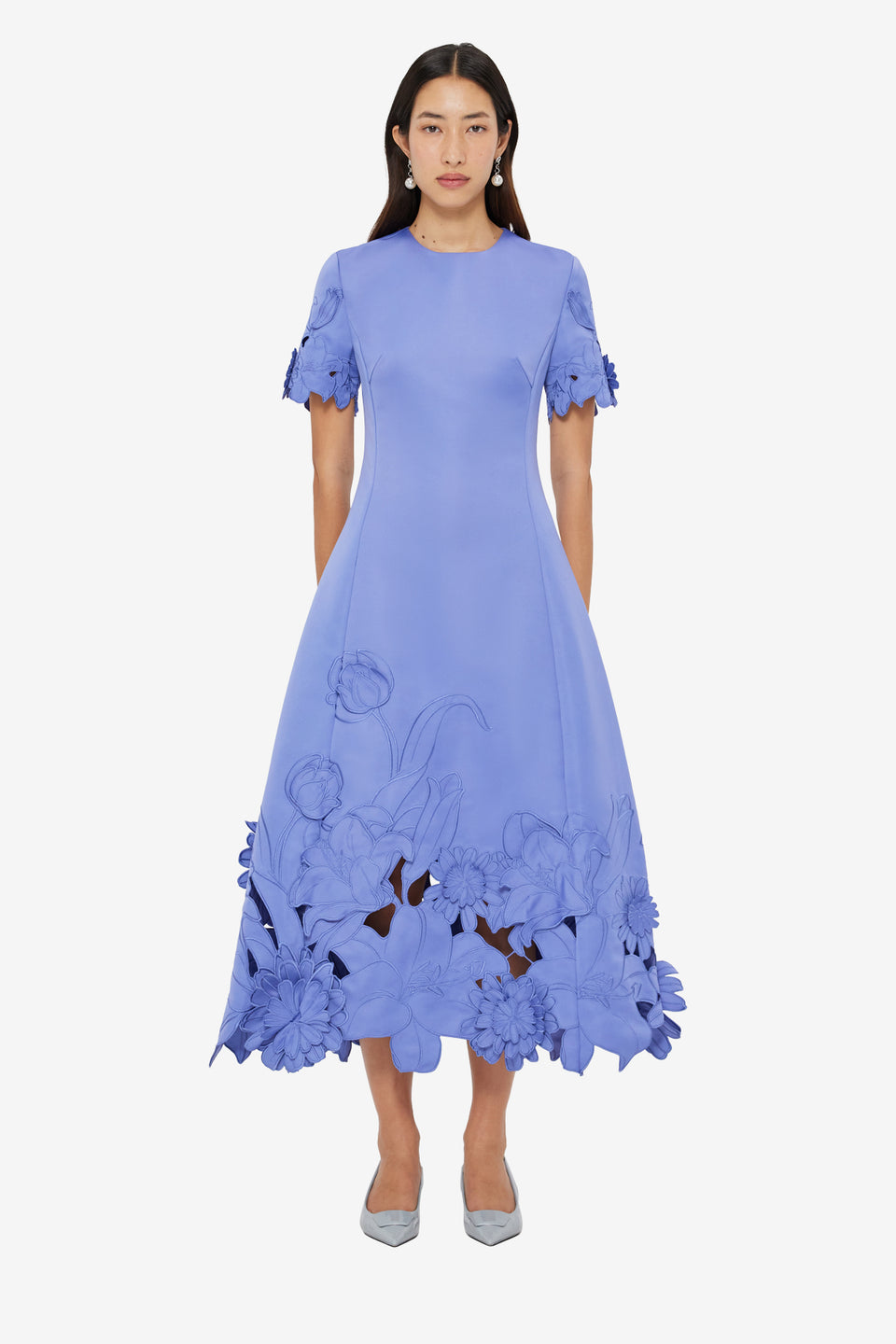 Caroline Appliqué Short Sleeve Midi Dress - Moonlight
