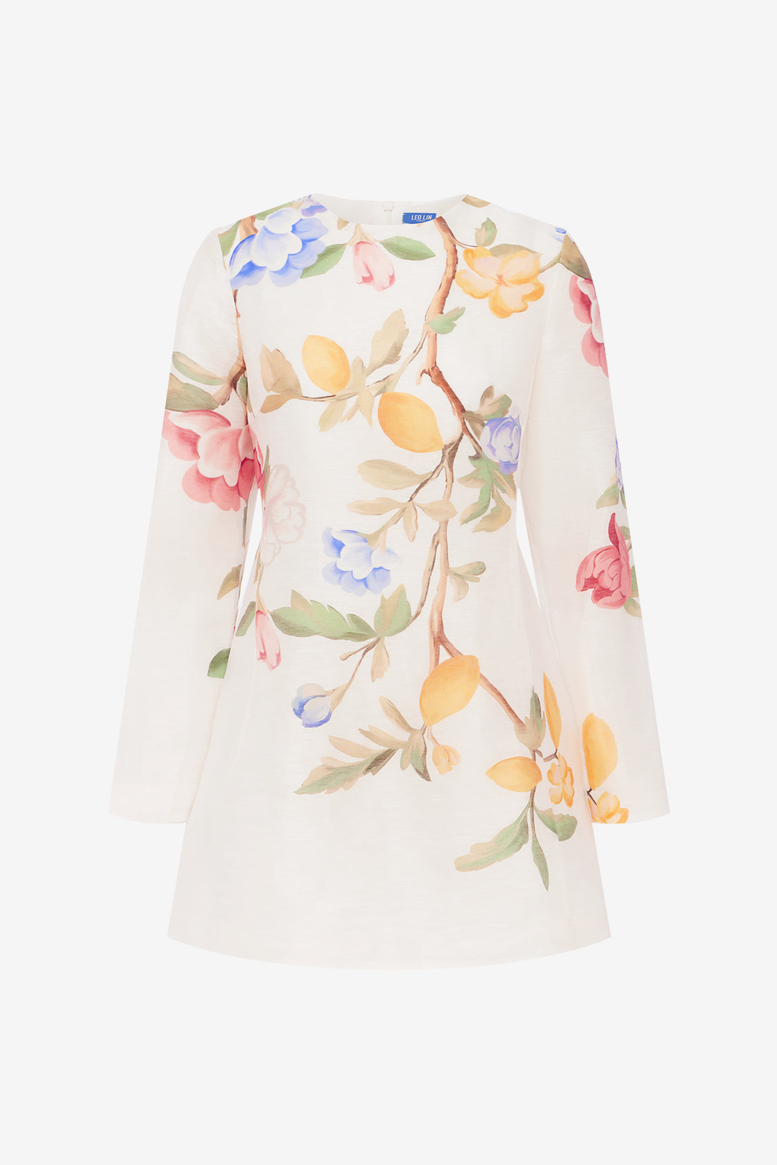 Exclusive LEO LIN Aliza Long Sleeve Mini Dress - Lemon Vine Print in Snow