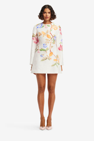 Exclusive LEO LIN Aliza Long Sleeve Mini Dress - Lemon Vine Print in Snow
