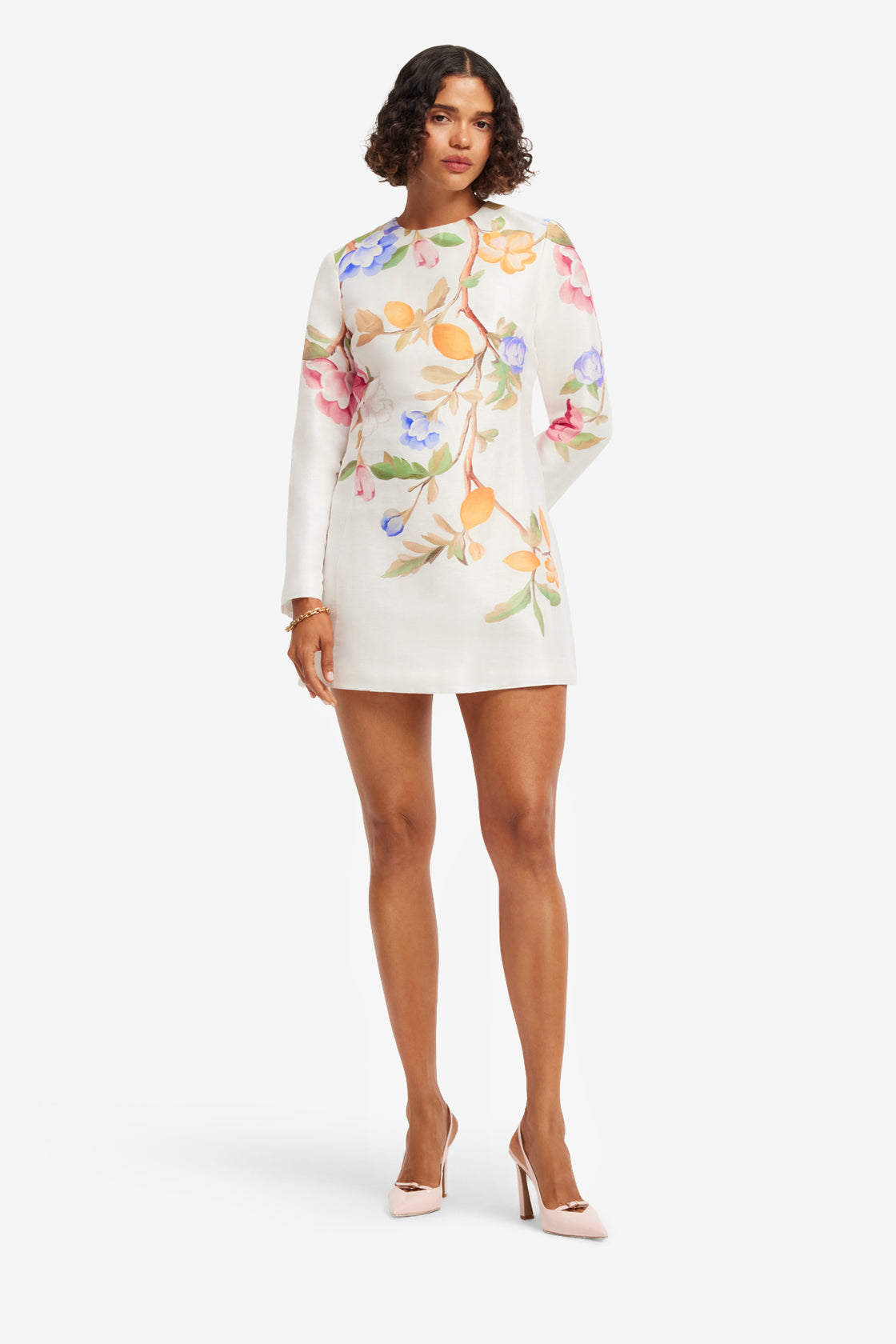 Exclusive LEO LIN Aliza Long Sleeve Mini Dress - Lemon Vine Print in Snow