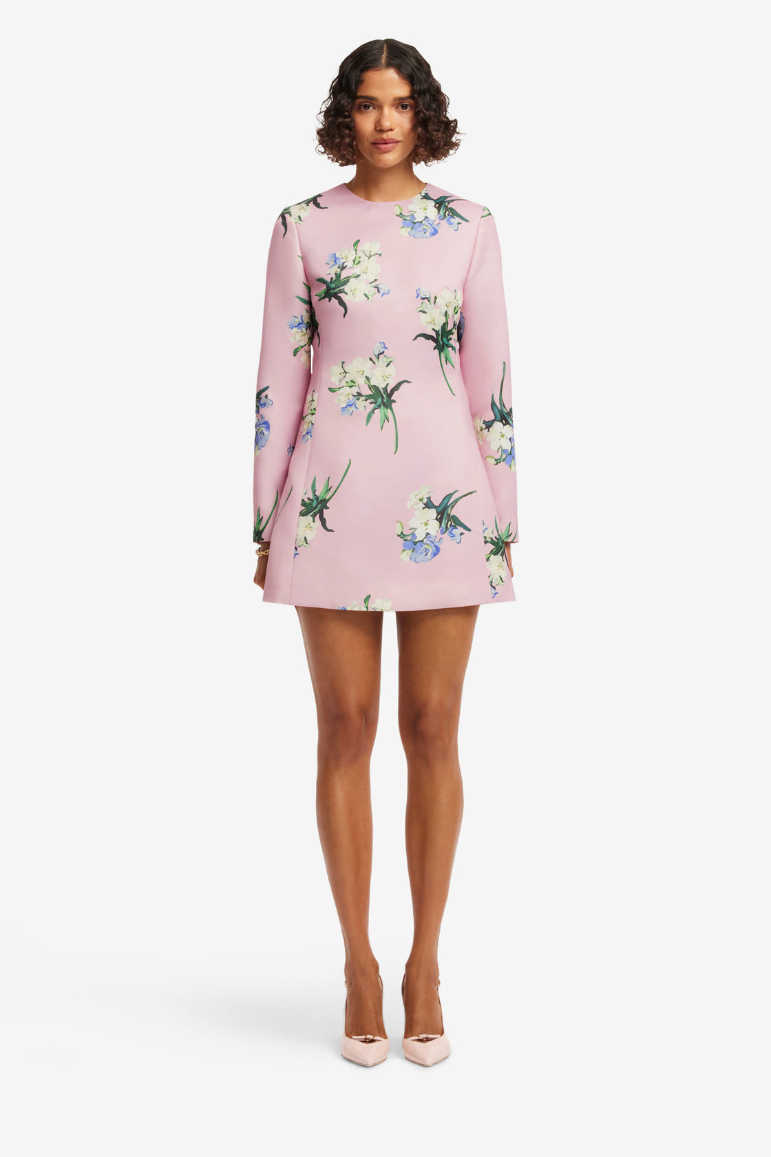 Aliza Long Sleeve Mini Dress - Bouquet Print in Pastel Pink Dress Mini