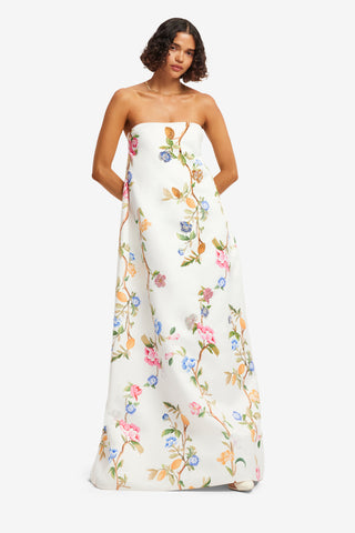 Phoebe Embellished Gown - Lemon Vine Print in Snow Dress Maxi
