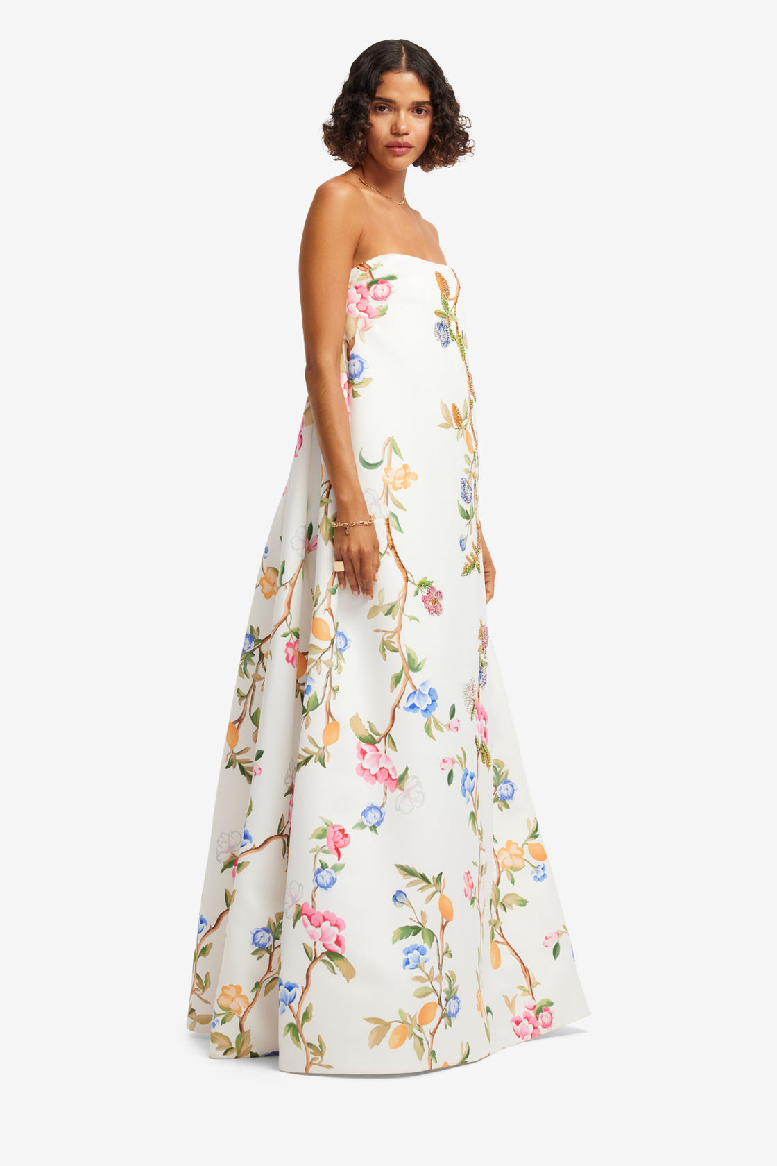 Phoebe Embellished Gown - Lemon Vine Print in Snow Dress Maxi