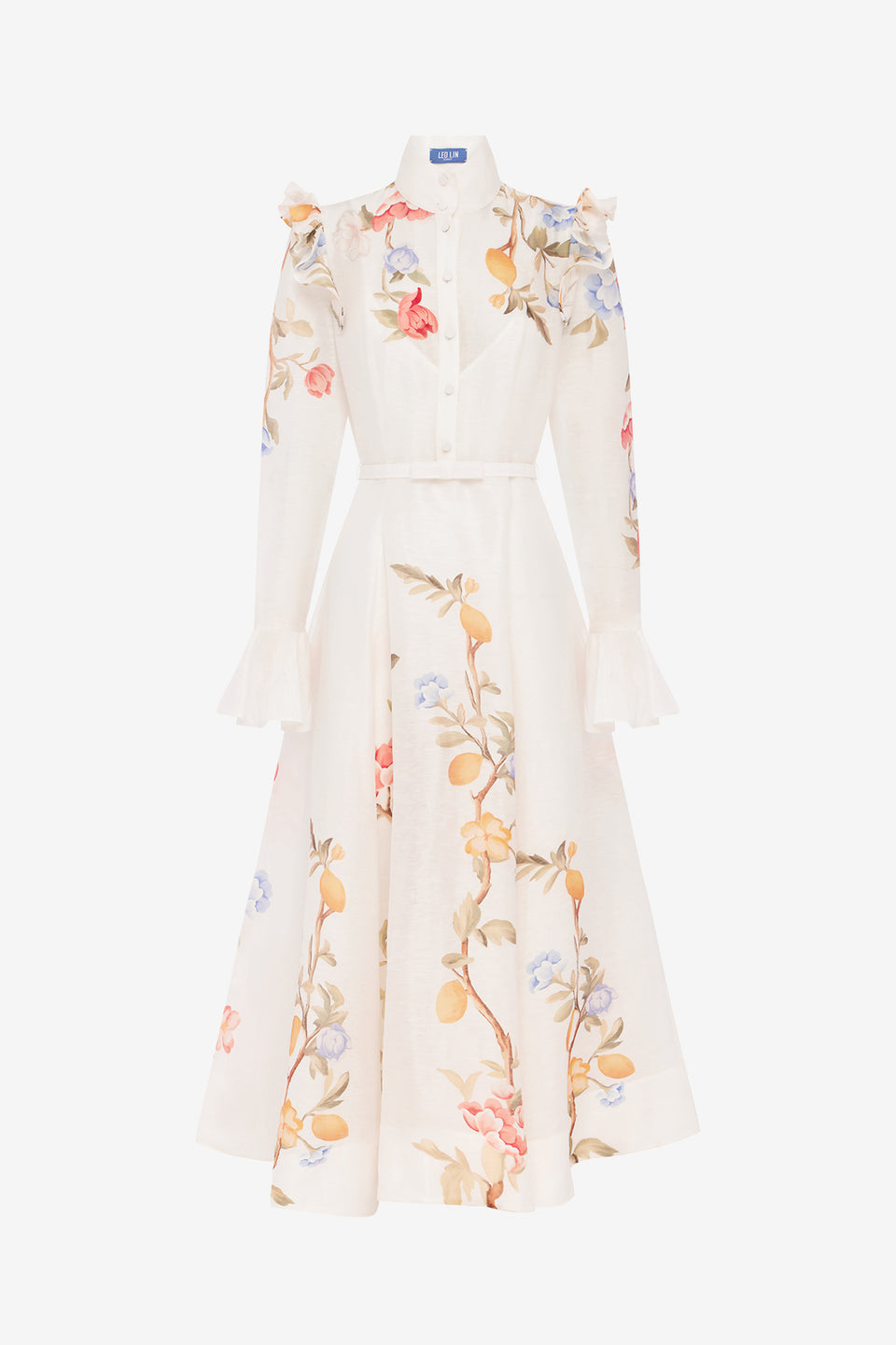 Exclusive LEO LIN Selina Butterfly Sleeve Midi Dress - Lemon Vine Print in Snow