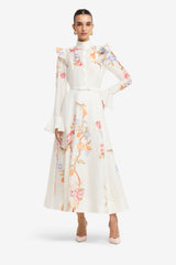 Selina Butterfly Sleeve Midi Dress - Lemon Vine Print in Snow Dress Midi