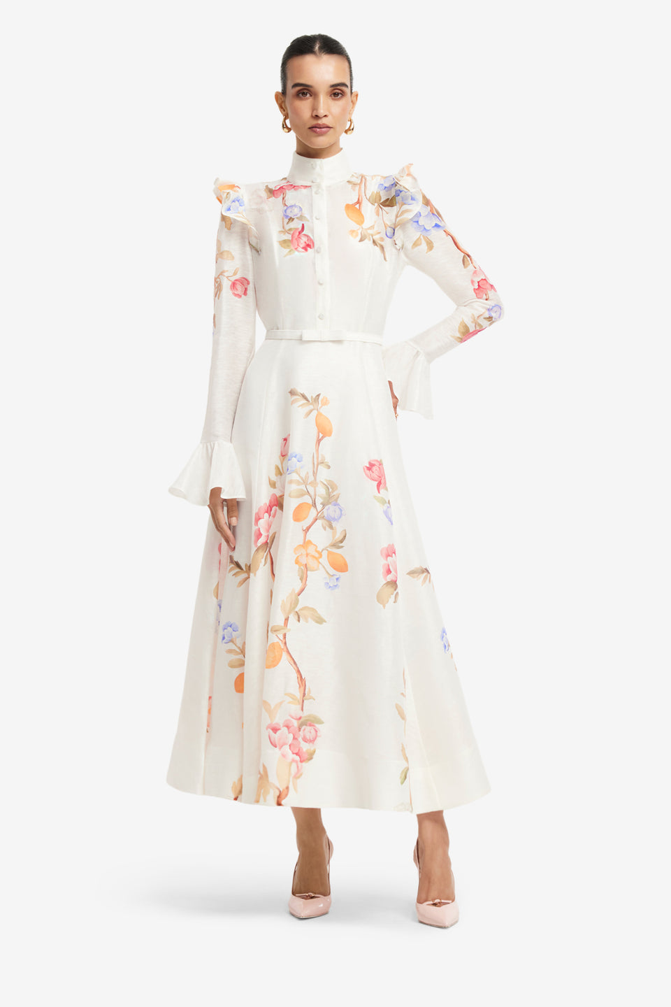 Exclusive LEO LIN Selina Butterfly Sleeve Midi Dress - Lemon Vine Print in Snow