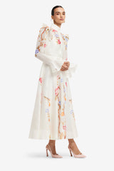 Selina Butterfly Sleeve Midi Dress - Lemon Vine Print in Snow Dress Midi