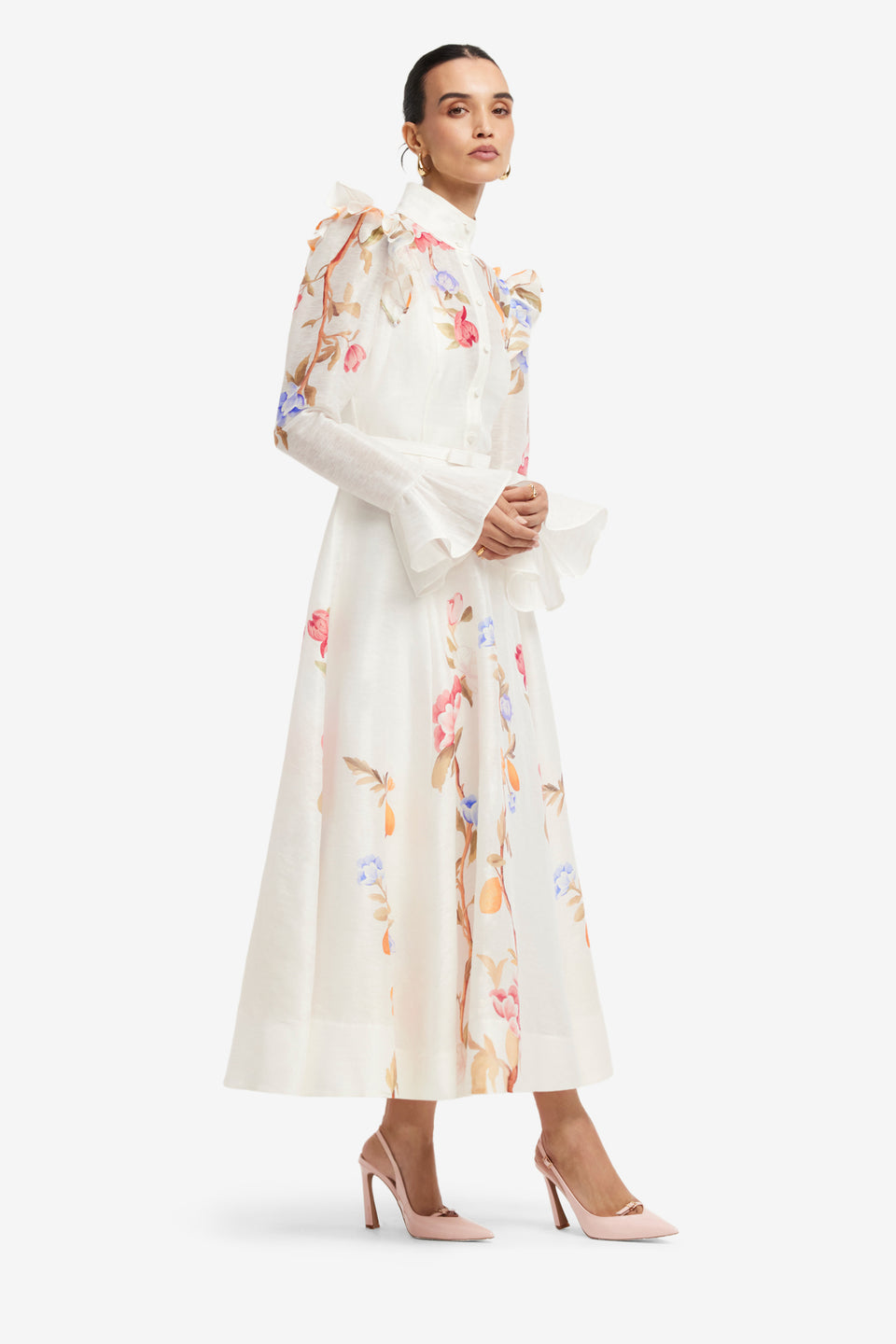 Exclusive LEO LIN Selina Butterfly Sleeve Midi Dress - Lemon Vine Print in Snow
