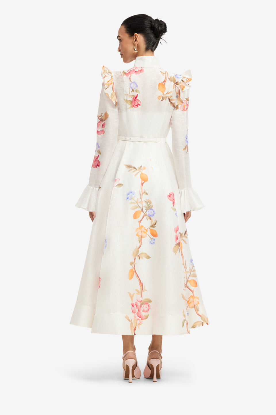Exclusive LEO LIN Selina Butterfly Sleeve Midi Dress - Lemon Vine Print in Snow