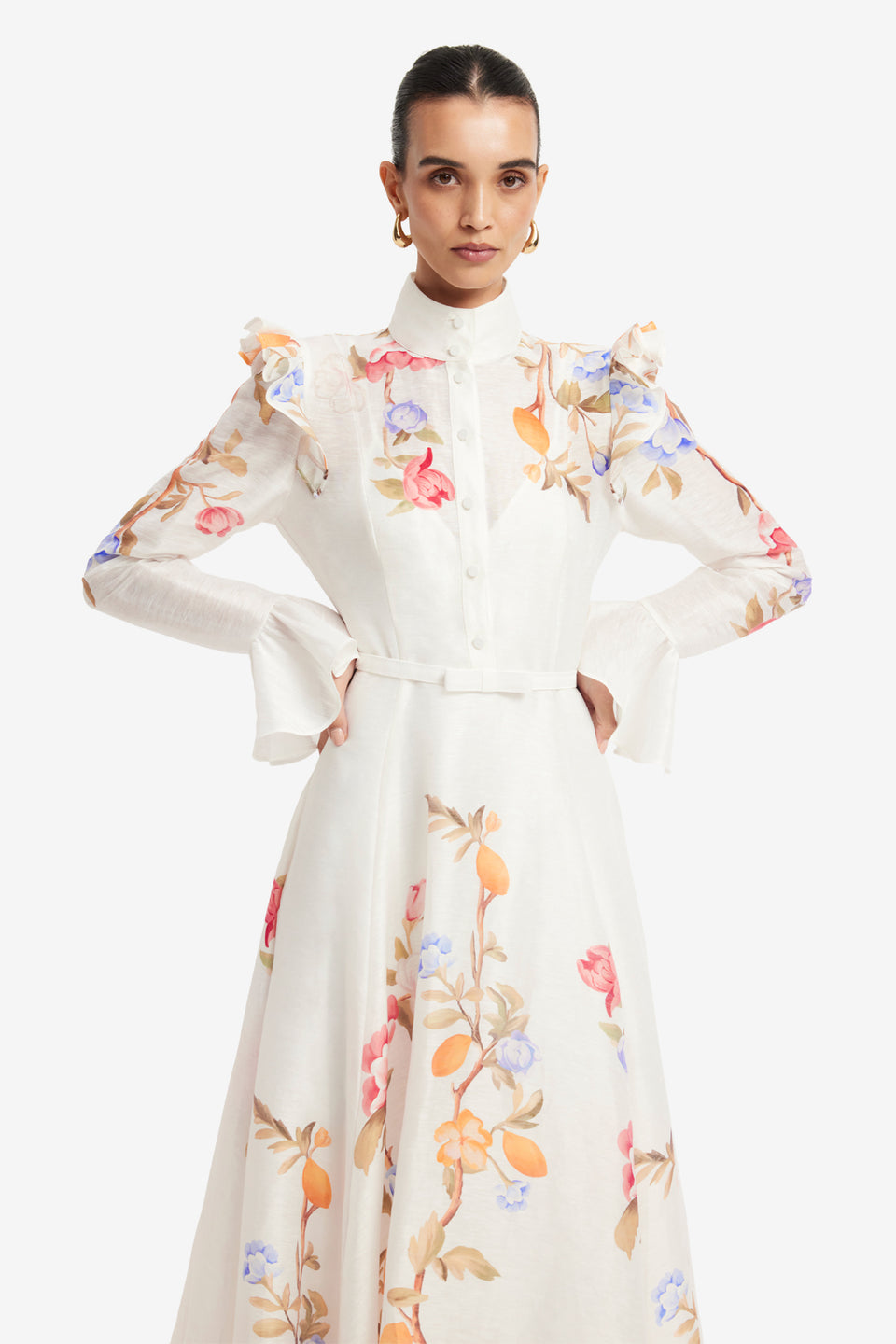 Exclusive LEO LIN Selina Butterfly Sleeve Midi Dress - Lemon Vine Print in Snow