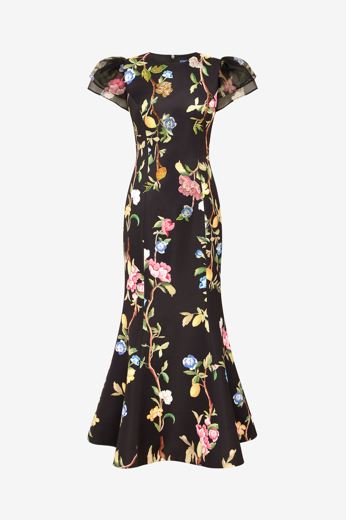 Exclusive LEO LIN Sofia Embellished Puff Sleeve Maxi Dress - Lemon Vine Print in Ebony