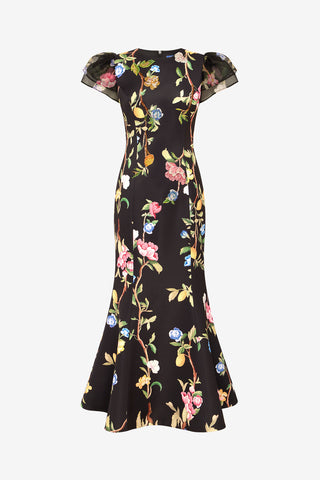 Exclusive LEO LIN Sofia Embellished Puff Sleeve Maxi Dress - Lemon Vine Print in Ebony