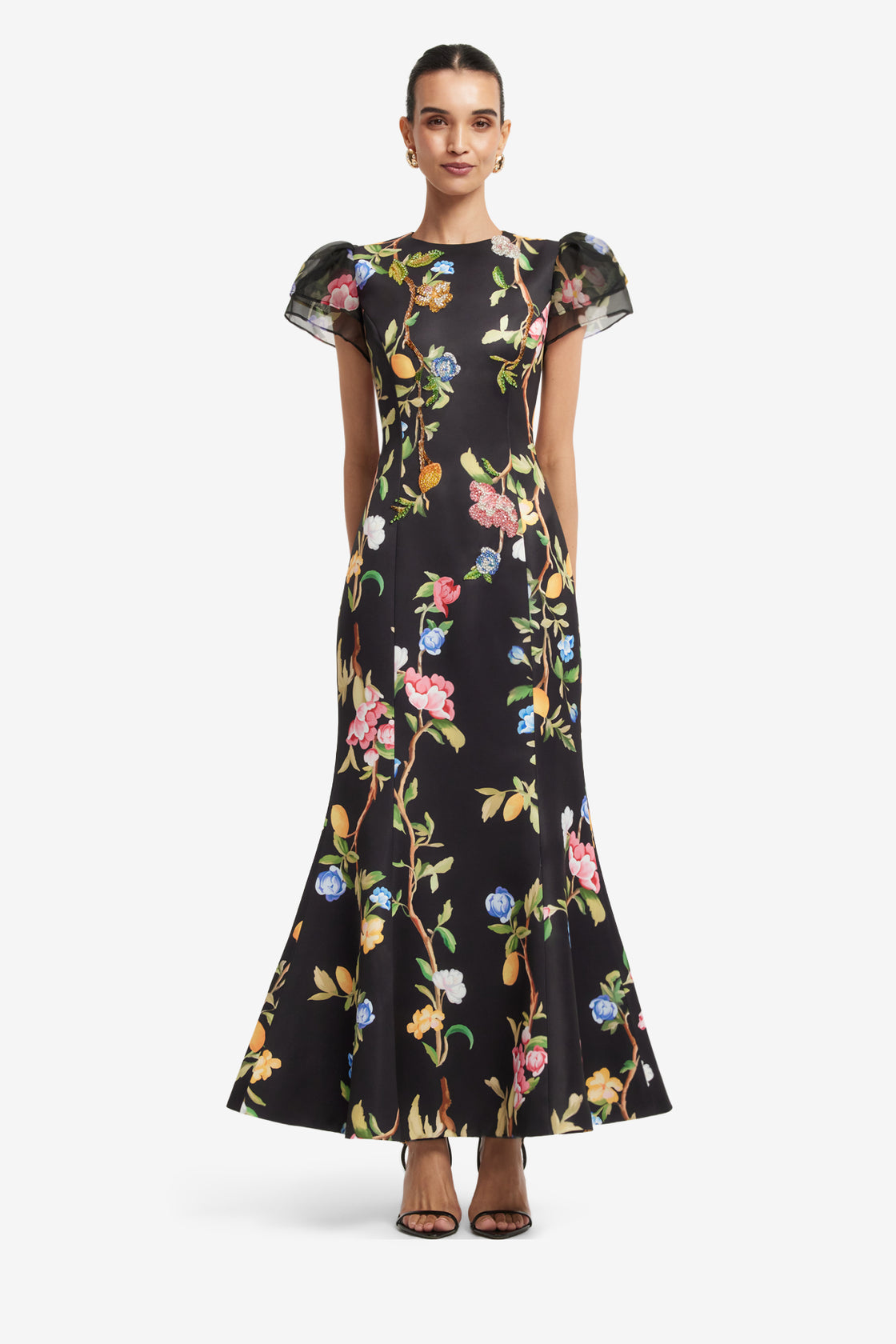 Exclusive LEO LIN Sofia Embellished Puff Sleeve Maxi Dress - Lemon Vine Print in Ebony