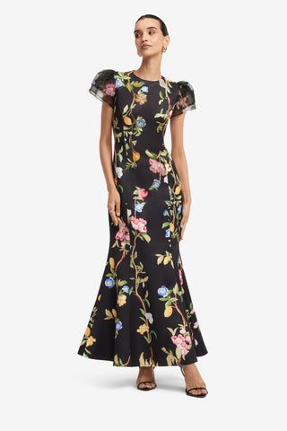 Exclusive LEO LIN Sofia Embellished Puff Sleeve Maxi Dress - Lemon Vine Print in Ebony