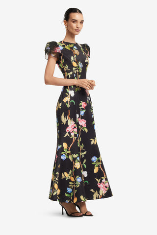 Exclusive LEO LIN Sofia Embellished Puff Sleeve Maxi Dress - Lemon Vine Print in Ebony