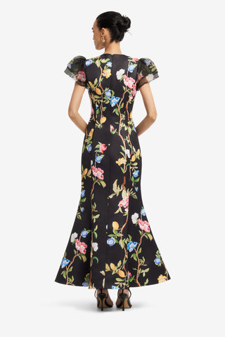 Exclusive LEO LIN Sofia Embellished Puff Sleeve Maxi Dress - Lemon Vine Print in Ebony