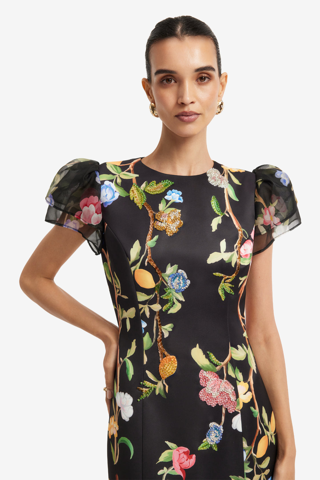 Exclusive LEO LIN Sofia Embellished Puff Sleeve Maxi Dress - Lemon Vine Print in Ebony