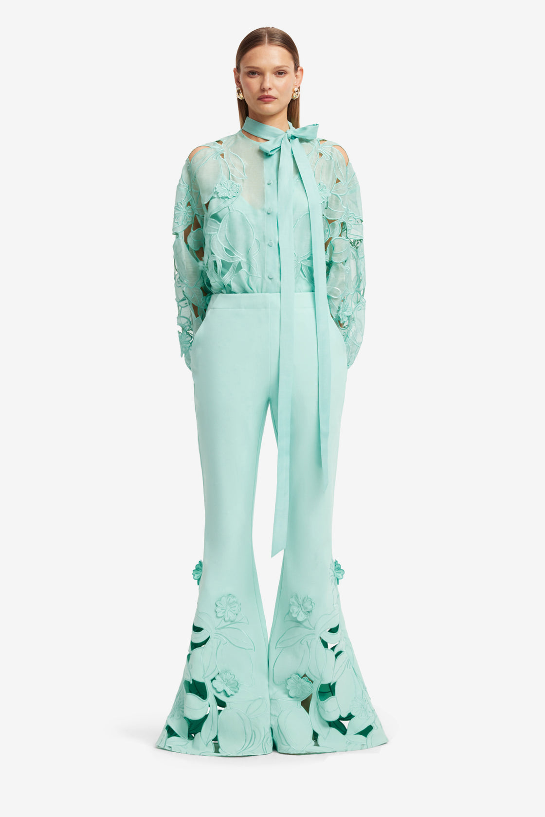Exclusive LEO LIN Vera Applique Flared Pants - Pale Turquoise