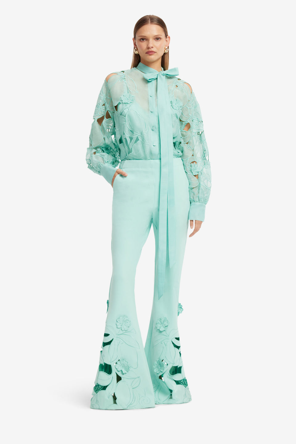 Exclusive LEO LIN Vera Applique Flared Pants - Pale Turquoise