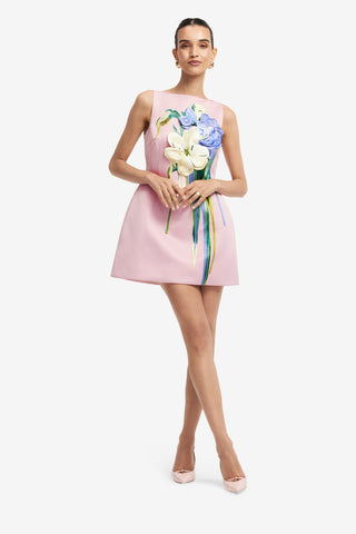 Exclusive LEO LIN Ali Embroidered Boat Neck Mini Dress - Bouquet Print in Pastel Pink