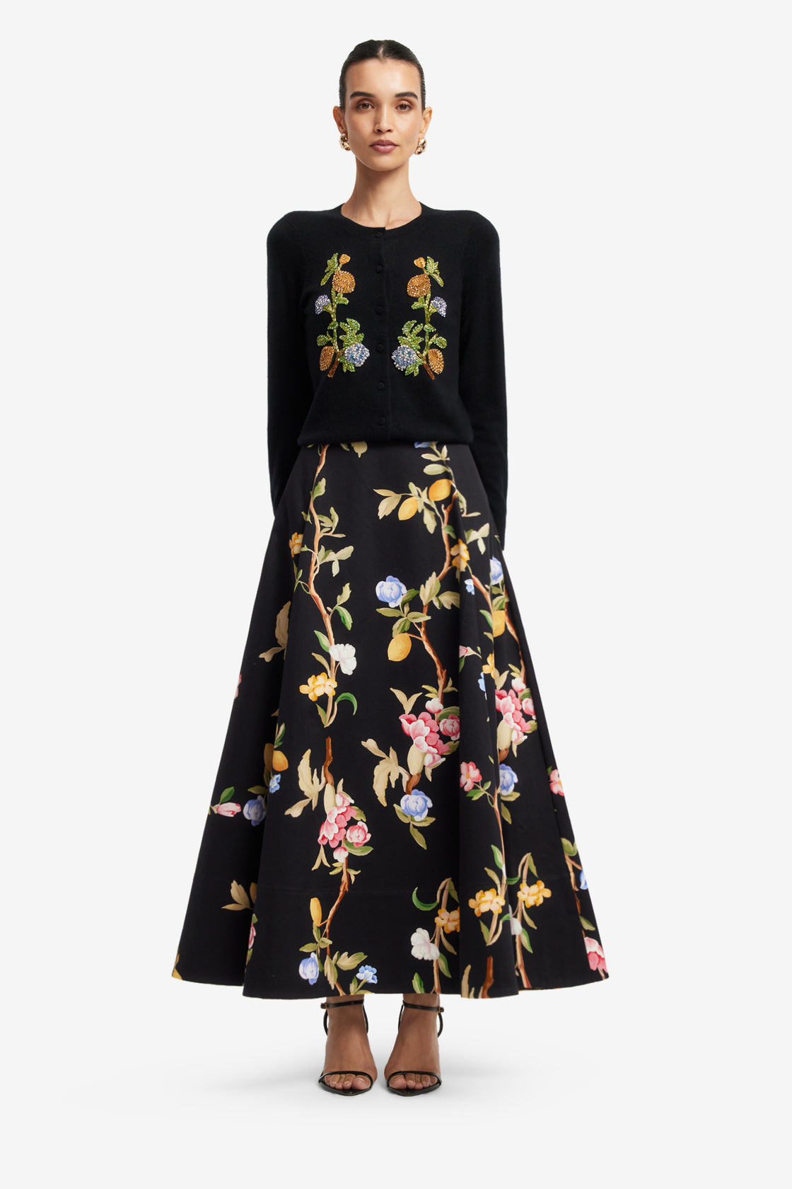 Exclusive LEO LIN Elina Maxi Skirt - Lemon Vine Print in Ebony