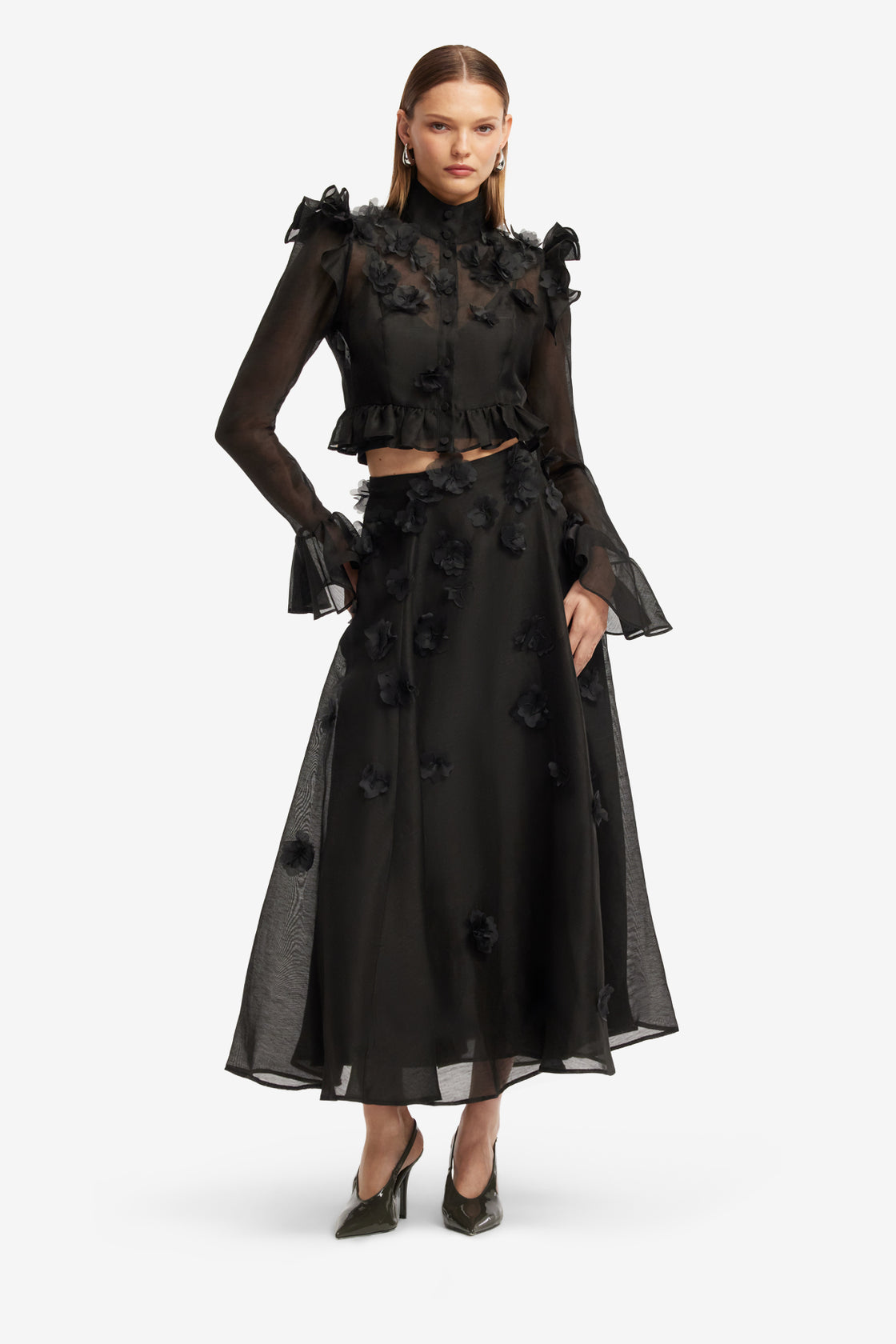 Exclusive LEO LIN Maeve Petal Butterfly Long Sleeve Top - Ebony
