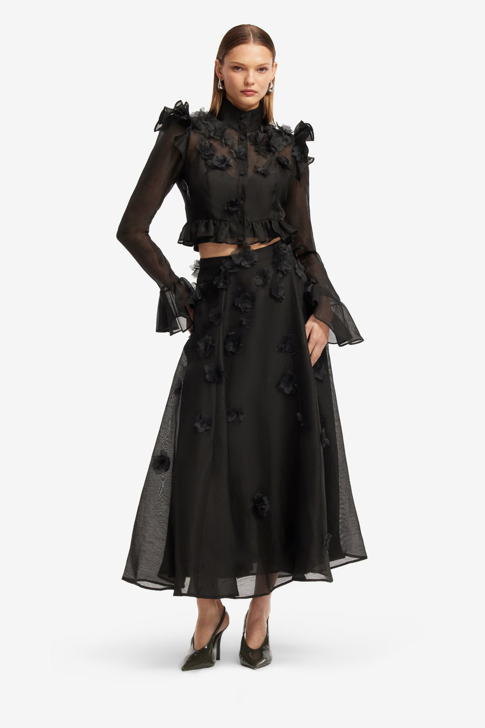 Exclusive LEO LIN Maeve Petal Butterfly Long Sleeve Top - Ebony