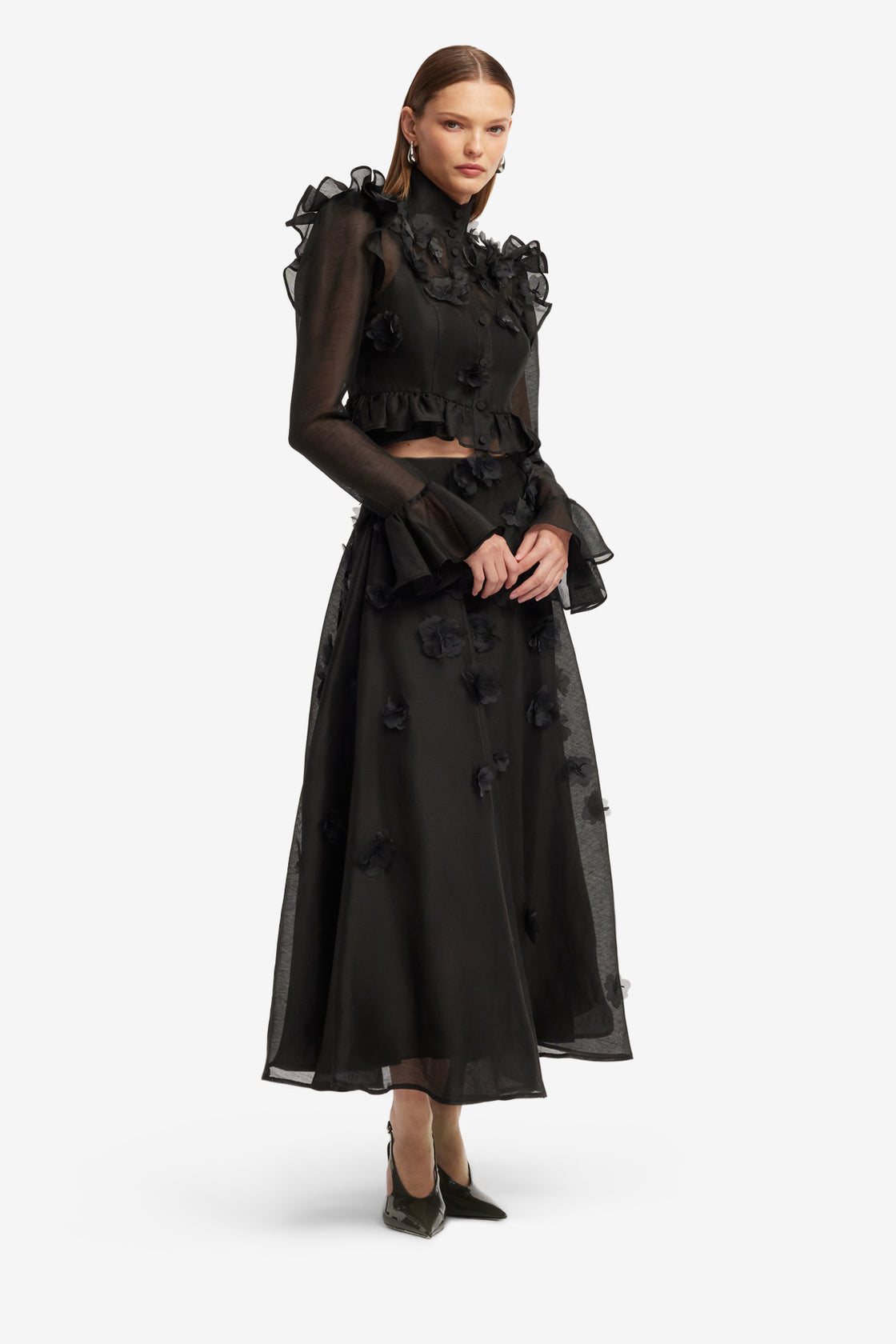 Exclusive LEO LIN Maeve Petal Butterfly Long Sleeve Top - Ebony