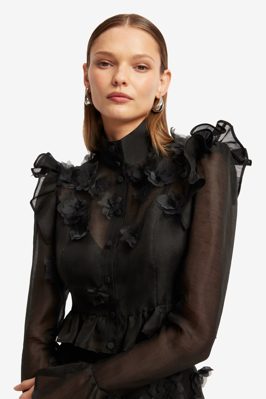 Exclusive LEO LIN Maeve Petal Butterfly Long Sleeve Top - Ebony