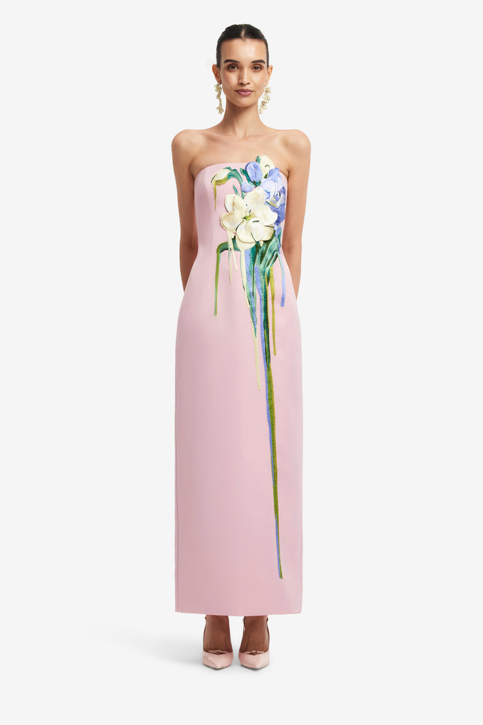 Exclusive LEO LIN Rayna Embroidered Bustier Maxi Dress - Bouquet Print in Pastel Pink