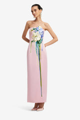 Rayna Embroidered Bustier Maxi Dress - Bouquet Print in Pastel Pink Dress Maxi