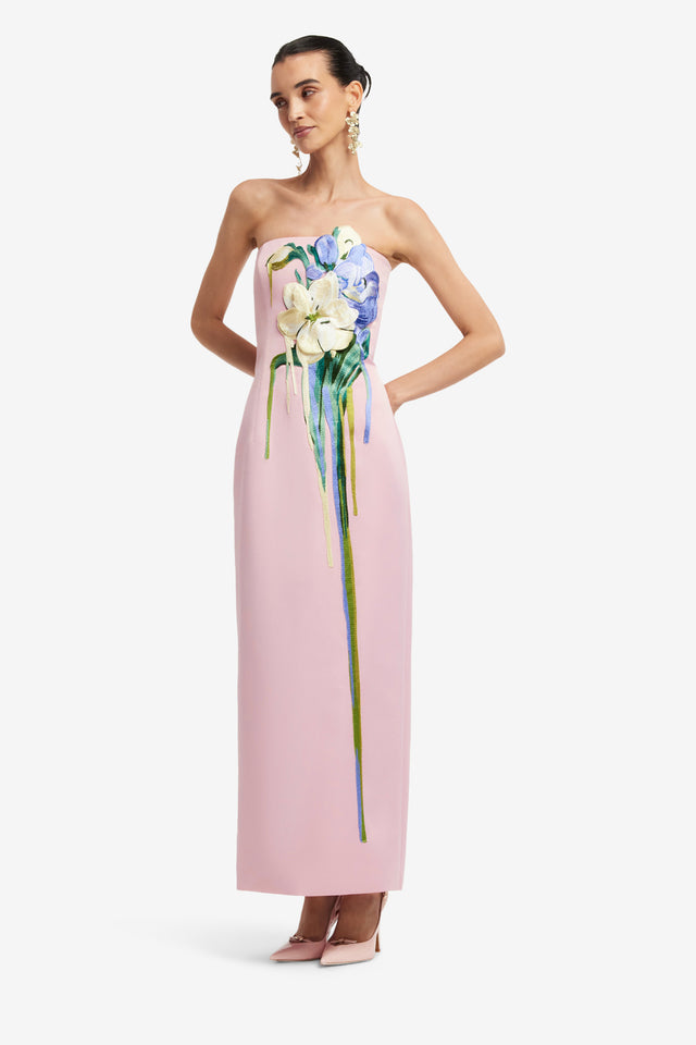 Exclusive LEO LIN Rayna Embroidered Bustier Maxi Dress - Bouquet Print in Pastel Pink