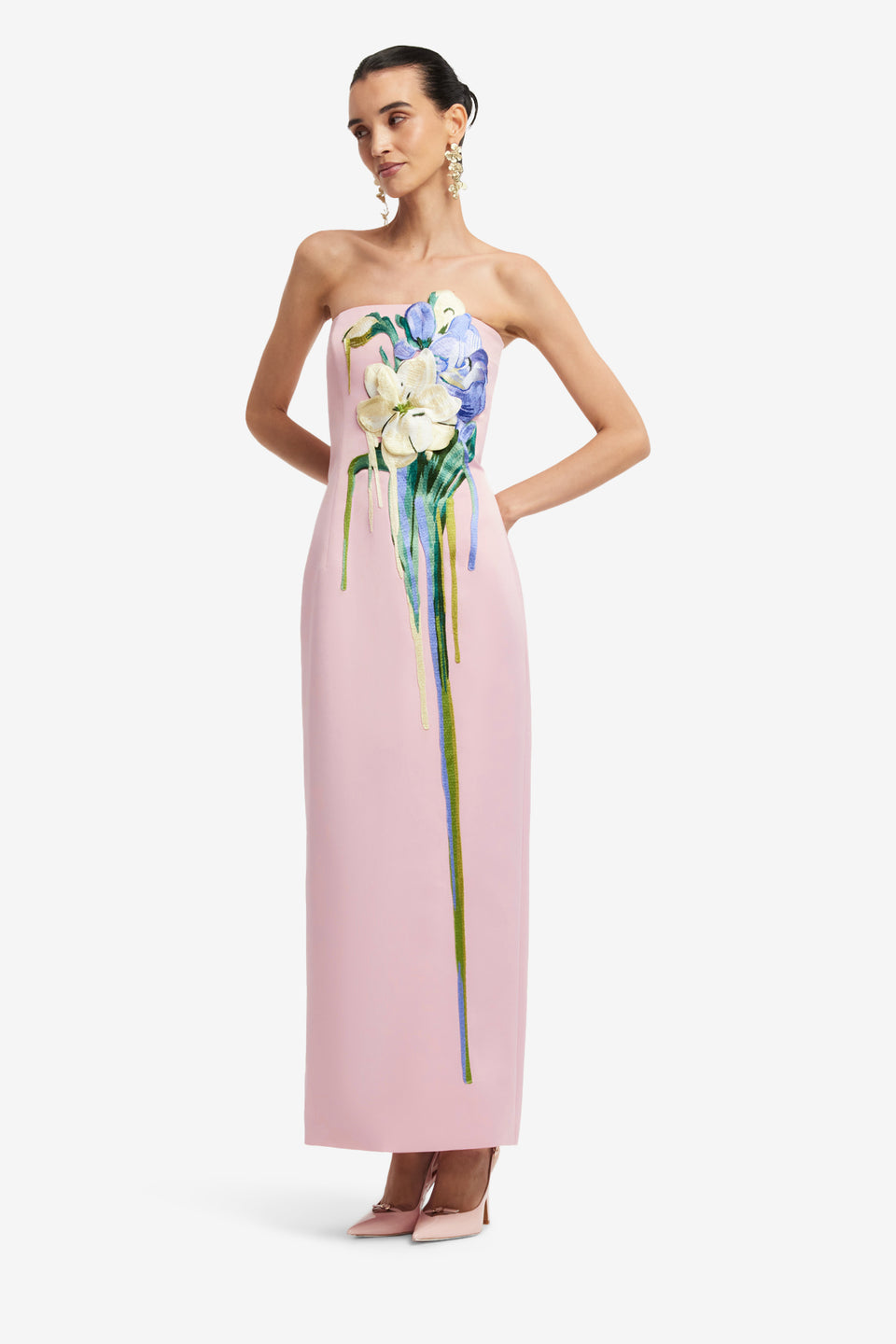 Exclusive LEO LIN Rayna Embroidered Bustier Maxi Dress - Bouquet Print in Pastel Pink